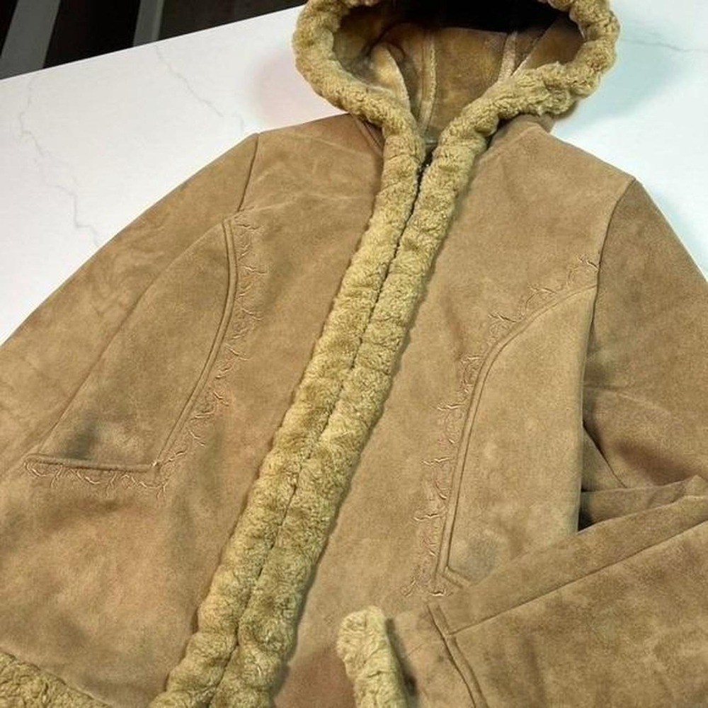 Croft & Barrow Faux Suede Jacket Womens Medium Tan Hooded Faux Fur Lined Zip